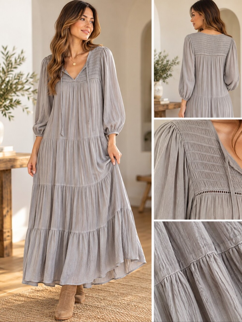 Gentle Fawn Grey Boho Tiered Maxi Dress Size Small